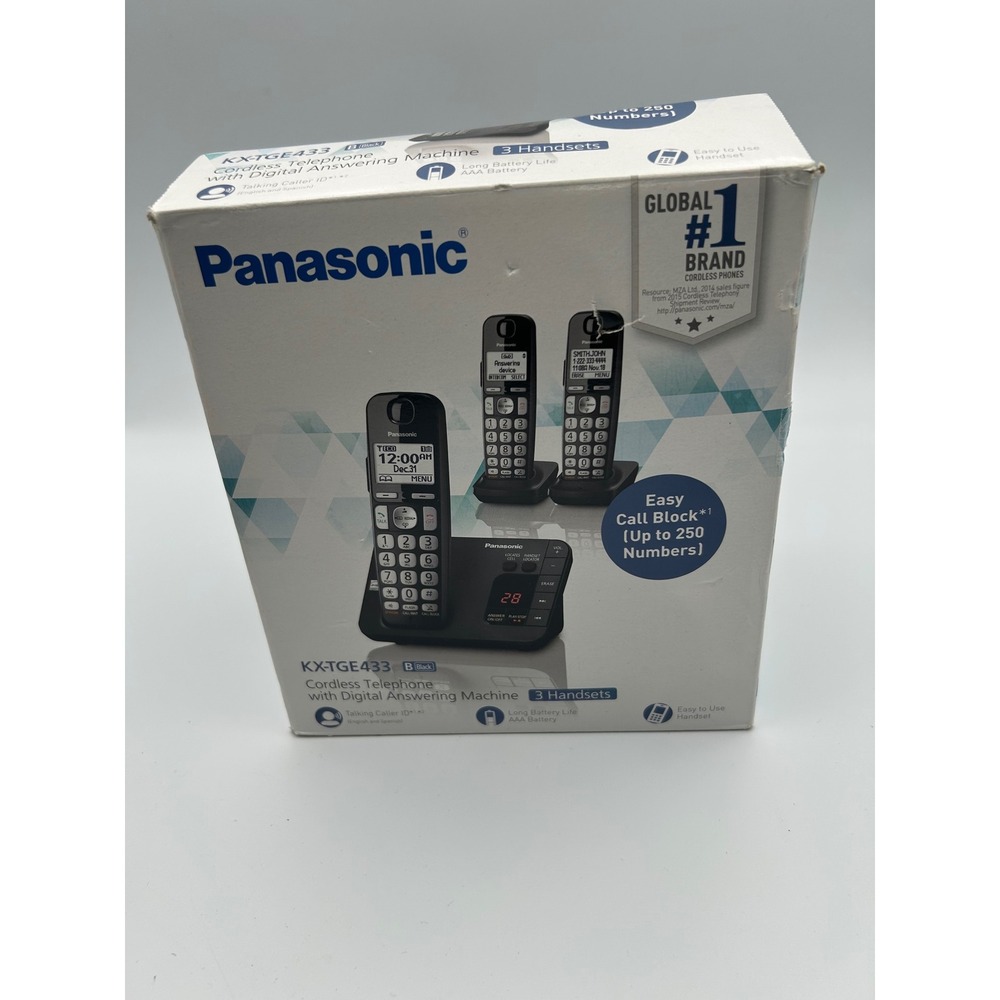 Panasonic KX-TGE433B Cordless Phone System 3 Handsets Answering Machine Black